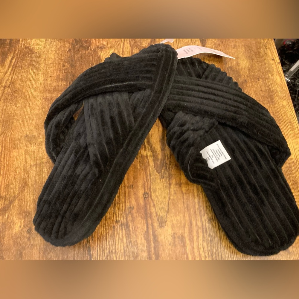 Women's Plush Corduroy Cross Over Slide Slipper Socks with Memory Foam M/L new